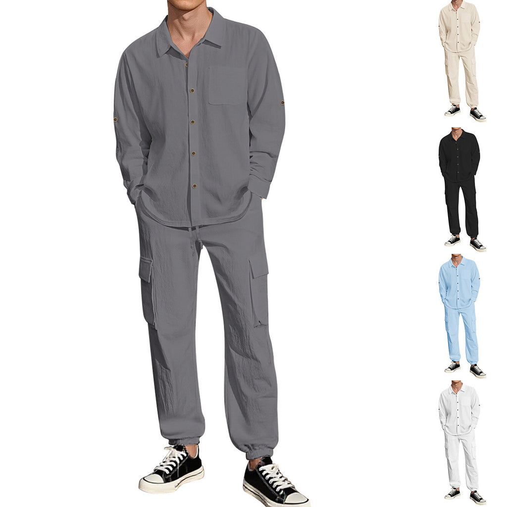 Lněný pánský komplet s košilí a kalhotami